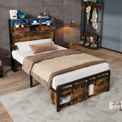 Metal Bed, Iron Bed, 3ft Single Bed 90x190cm, With Multi Color LED Strip Lights And Charging Port 2 A Type And 1 C Type, With Storage Space, Black  Wood Color