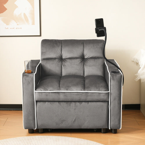 3-in-1 Expandable Single Sofa Bed  With Drink Holders And Phone Holder, Sofa Recliner, Sleeper Chair, Armchair, Perfect For Small Spaces, 83x167x76 Cm