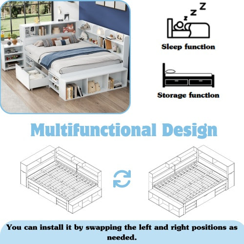 Children's Bed, Double Bed-4ft6  135x190cm  Multifunctional Children's Bed With Drawers, Bookcase And Storage Cupboard, Large Storage Space, Slatted Frame, Without Mattress, White