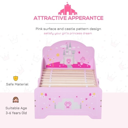 HOMCOM Kids Bed Princess Castle Theme W Side Rails Slats Home Furniture For 3 - 6 Yrs Pink 143 X 73 X 60 Cm