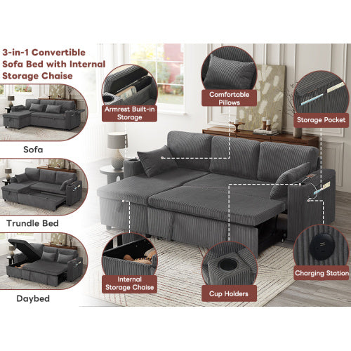 3 In 1 Convertible Corduroy Sofa Bed With Storage Chaise, L Shaped Sleeper Sofa Couches With Armrest Storage And Charging Station. Pullout Sectional Daybed For Living RoomBedroomOffice, Grey