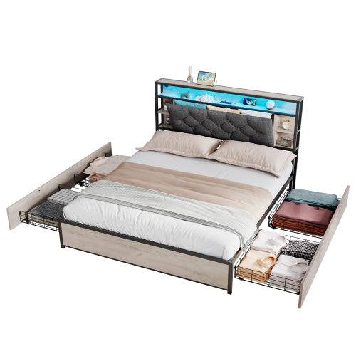4ft6 Double Bed With 4 Storage Drawers, Bed Frame With Concealed Headboard Storage, Button Tufted Headboard With LED Lighting And Charging Station, Vintage Rustic Wooden, Linen, Grey