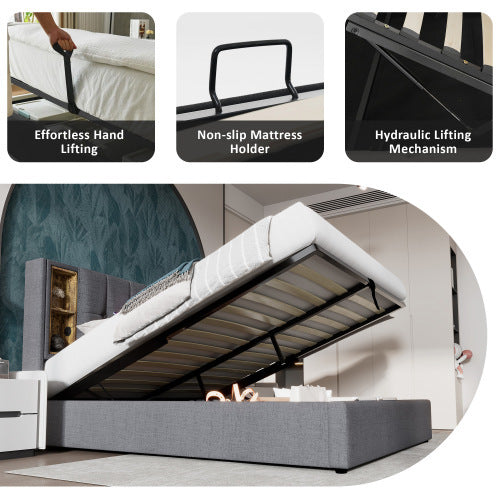Upholstered Double Bed 135 X 190cm With Wireless Charging  USB Tyep-C, Hydraulic Storage Bed With Hydraulic Lever, Linen Fabric 4FT6 Double Bed Frame With Large Storage Space, Grey No Mattress