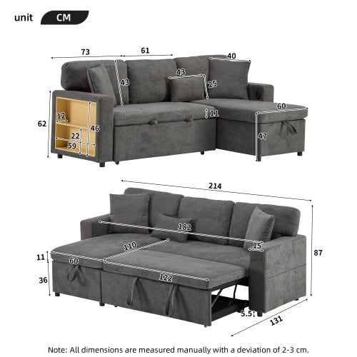 Corner Sofa Bed Corner Couch L-Shaped Sofa Bed Extendable, Bed Box And Integrated Shelf,