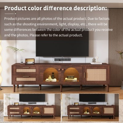 180 Cm Brown TV Cabinet For 80-inch TV - With 2 Rattan Drawers, 2 Curved Glass Doors And 1 Rattan Door, LED Lighting, Offers Stylish Storage, TV Board