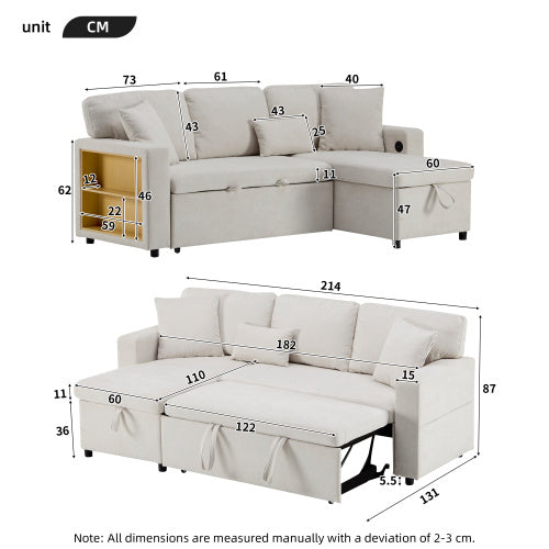Corner Sofa Bed Corner Couch L-Shaped Sofa Bed Extendable, Bed Box And Integrated Shelf,