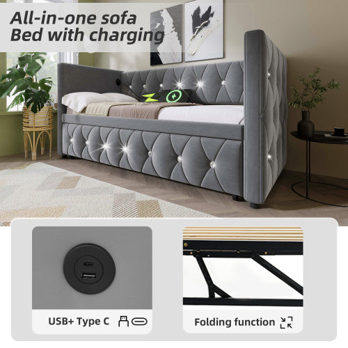 Daybed Single Upholstered Bed Sofa Bed With USB &Type C Charging Station, 3FT Single Bed 90 X 190 Cm With Trundle ,Pull Out Trundle For Living Room And Bedroom, Velvet