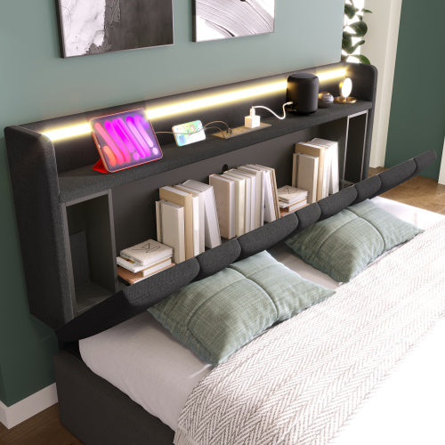 Upholstered Double Bed With USB Charging Function, Storage Headboard And LED Lighting, 5ft King Size Bed Storage Bed Frame 150 X 200 Cm, Wooden Slatted Frame, Grey No Mattress