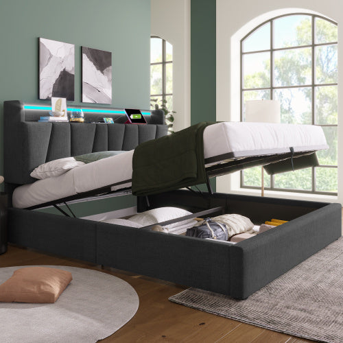Upholstered Double Bed With USB Charging Function, Storage Headboard And LED Lighting, 5ft King Size Bed Storage Bed Frame 150 X 200 Cm, Wooden Slatted Frame, Grey No Mattress