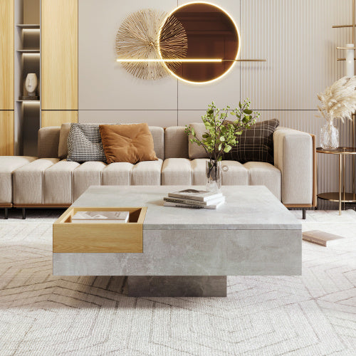 Coffee Table, Living Room Table, Side Table With Removable Storage Box, Concrete Gray And Wood Color, 72x72x30 Cm