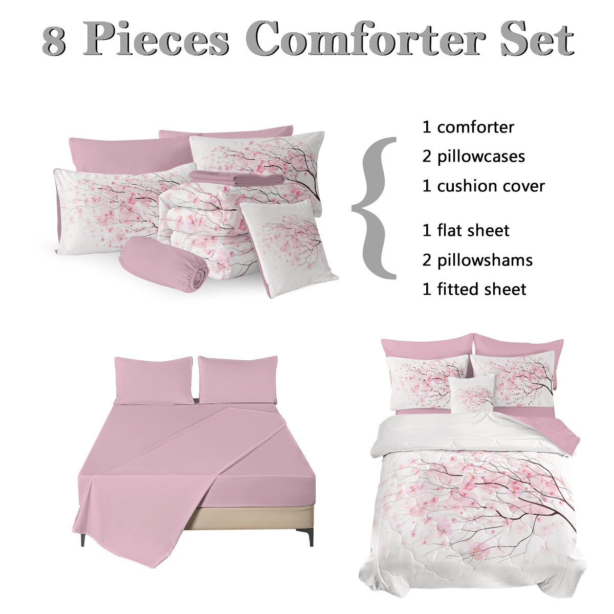 Cherry Blossom Pattern Comforter Set 8PCS Twin Size Soft Bedding Set,1 Comforter,1 Pilow Cover,1 Flat Sheet,1 Fitted Sheet,4 Cushion Cover