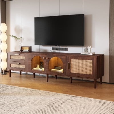 180 Cm Brown TV Cabinet For 80-inch TV - With 2 Rattan Drawers, 2 Curved Glass Doors And 1 Rattan Door, LED Lighting, Offers Stylish Storage, TV Board
