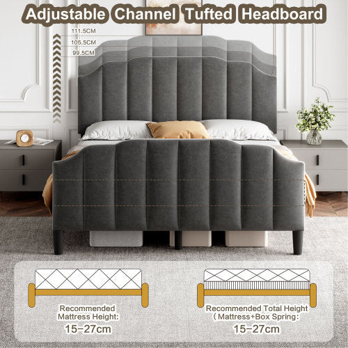 4ft6 Double Upholstered Bed Frame With Adjustable Chic Channel-Tufted Headboard, Velvet Platform Bed Frame With Solid Wood Slat And Mute Foam, No Box Spring Needed, Easy Assembly, Grey No Mattress