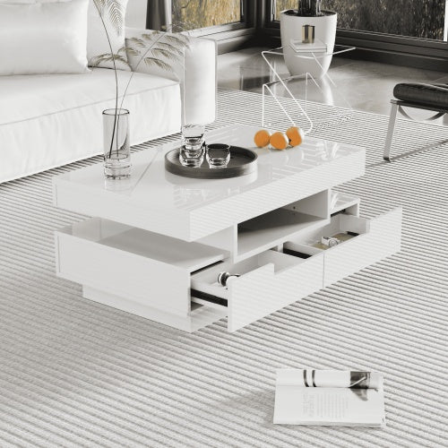 Coffee Table, High-Gloss Surface, With LED Light Strip, Four Drawers Front And Back, Large Storage Space