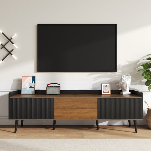 TV Cabinet, TV Table, TV Stand, Three-Door Base Cabinet. Compact Design. Black And Natural Wood Finish. Height 49.5 Cm  Length 160 Cm  Width 39 Cm