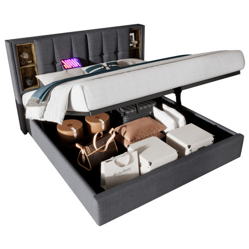 Upholstered Double Bed 135 X 190cm With Wireless Charging  USB Tyep-C, Hydraulic Storage Bed With Hydraulic Lever, Linen Fabric 4FT6 Double Bed Frame With Large Storage Space, Grey No Mattress