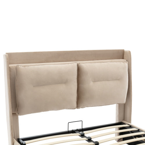 Upholstered Bed, 135x190 4ft6, Double Bed, Hydraulic Bed, 2-in-1 Storage Drawers At The End Of The Bed, Recessed LED Light Strips On Both Sides Of The Bed, Slatted Frame, Velvet,Beige