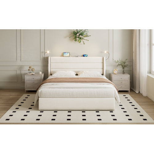 King Upholstered Bed With Charging Station, Linen Hydraulic Storage Bed With Adjustable LED Reading Light, 5ft Double Bed Frame With USB And Type  C Ports, No Box Spring Needed, Beige