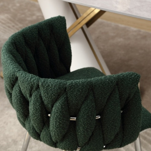 GOMYWAY Modern Hand Weaving Dining Chairs Set Of 2, Boucle Upholstered Side Chairs With Silver Legs, Kitchen Chairs With Armrest, Accent Chairs, Vanity Chairs For Dining Room Emerald, Set Of 2