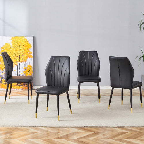 4 Modern Dining Chairs With Stylish PU Patterned Backrest And Black Metal Legs For A Comfortable Home Experience In The Kitchen, Bedroom And Office.
