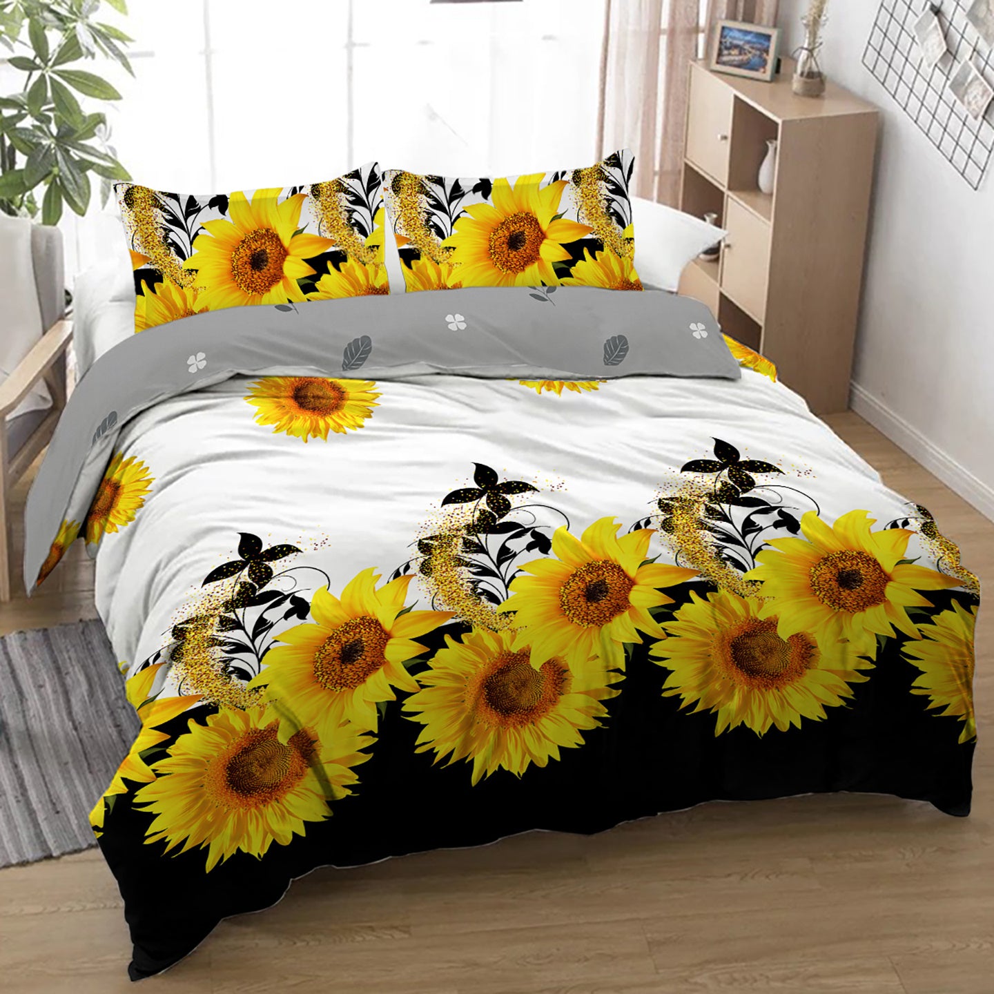 3 Pieces Black And White Background Sunflower Duvet Cover Set Yellow Flower Polyester Bedding Set For Adults Bedroom Decor Twin Full Queen King Size