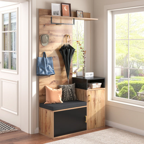 Wardrobe Set, With 4 Coat Hooks, Mirror, Shoe Cabinet, Wall-mounted Coat Rack, Upper Storage Shelf, Hallway Wardrobe With Bench Seat.