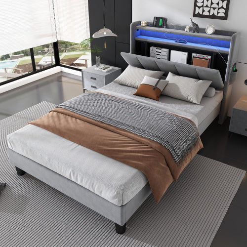 Upholstered Bed, 3FT Single Bed 90x190cm, Lower Flap Door Storage, With LED Light Strip, 3 USB Port 1 Type C, Durable And Sturdy, Youth Bed, For Adults  Teenagers, Velvet, Grey