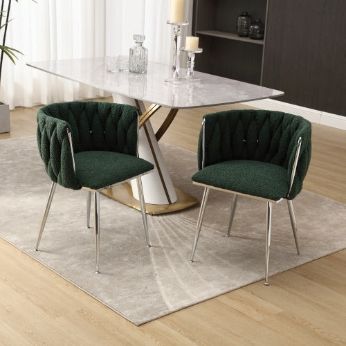 GOMYWAY Modern Hand Weaving Dining Chairs Set Of 2, Boucle Upholstered Side Chairs With Silver Legs, Kitchen Chairs With Armrest, Accent Chairs, Vanity Chairs For Dining Room Emerald, Set Of 2