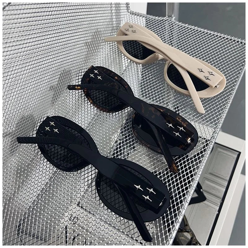 American Retro Elliptical Sunglasses - 3D Star Decor Small Frame Fashion Casual Sun Glasses for Outdoor Unisex Eyewear Accessory