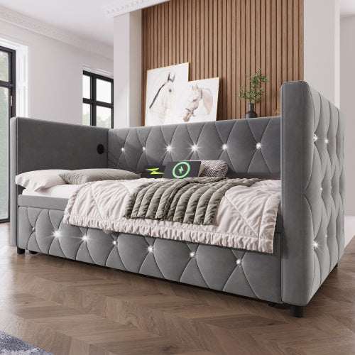 Daybed Single Upholstered Bed Sofa Bed With USB &Type C Charging Station, 3FT Single Bed 90 X 190 Cm With Trundle ,Pull Out Trundle For Living Room And Bedroom, Velvet