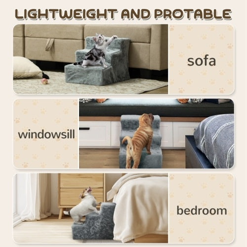 PawHut Three-Step Dog Stairs, With Washable Plush Cover, For High Bed Sofa, Dog Stairs For Small Dog And Cat - Light Grey