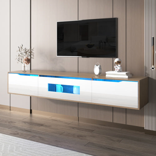 TV Cabinet, High Gloss TV Cabinet, Color Matching High-glosswhite And Wood Color, With Color Changing LED Light.