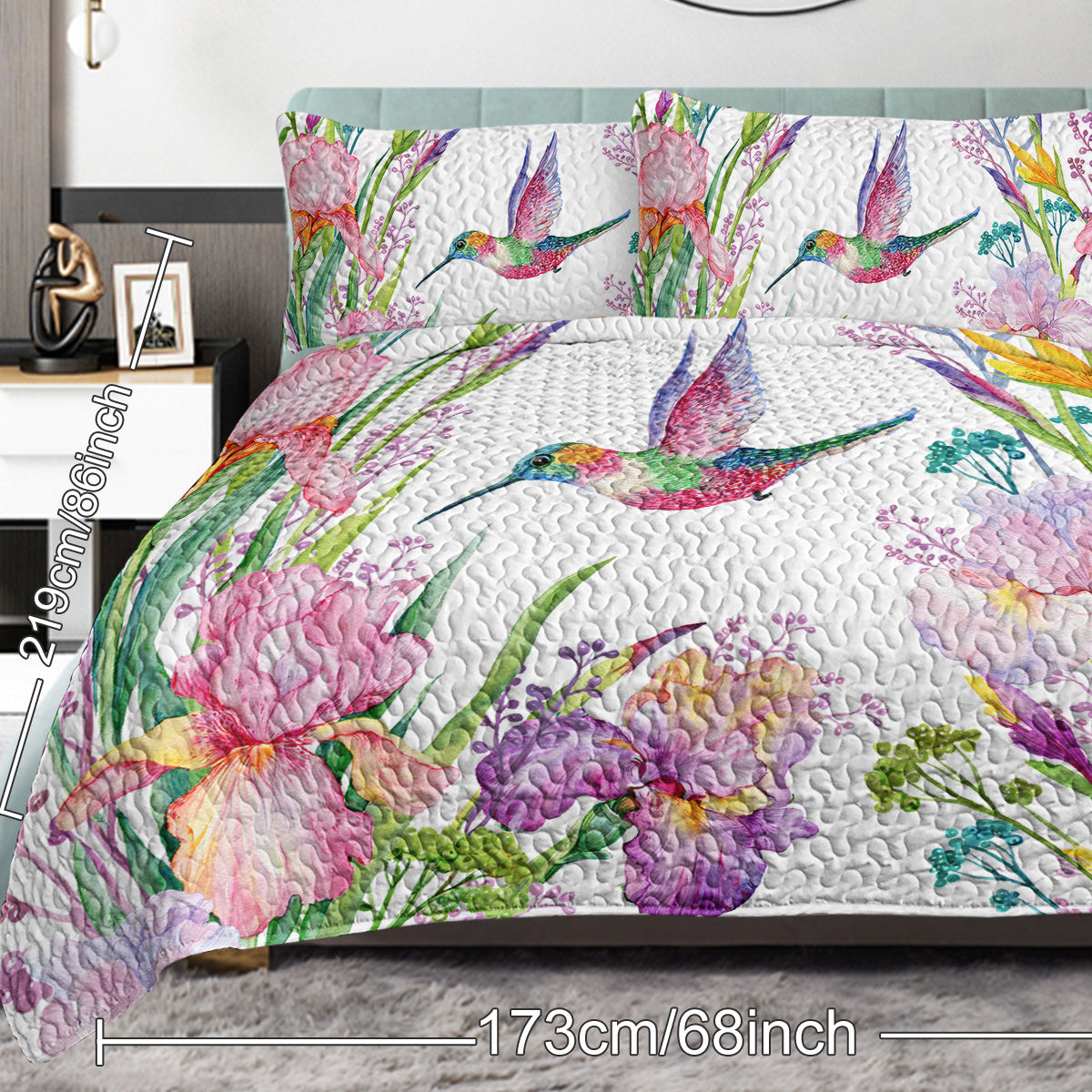 Colorful Bird Flower Design Quilt Set 3 Pieces Queen King Size Soft Warm Bedding Set Include 1 Quilt And 2 Pillowcases For Home Bedroom Decor