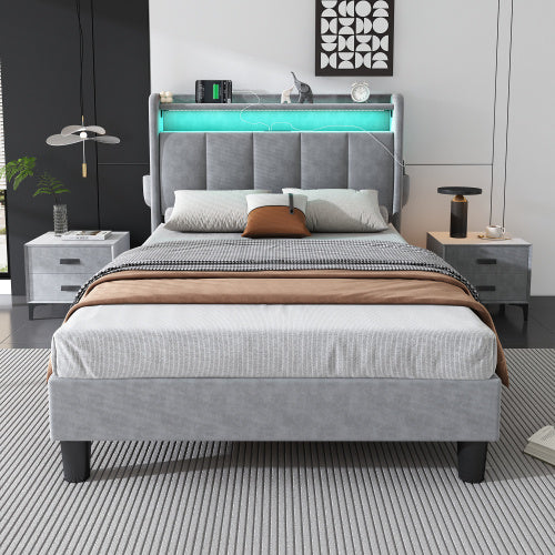 Upholstered Bed, 3FT Single Bed 90x190cm, Lower Flap Door Storage, With LED Light Strip, 3 USB Port 1 Type C, Durable And Sturdy, Youth Bed, For Adults  Teenagers, Velvet, Grey
