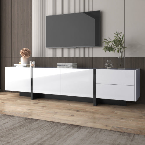 TV Cabinet, Low Panel With Colorblocked Legs In High-gloss White And Black, With Doors And Drawers, Doors With Shelves. Simple Line Design.