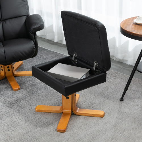 HOMCOM Recliner Armchair, Swivel Reclining Chair With Ottoman, Swivel Faux Leather Chair With Wooden Base And Storage Footstool For Living Room, Black
