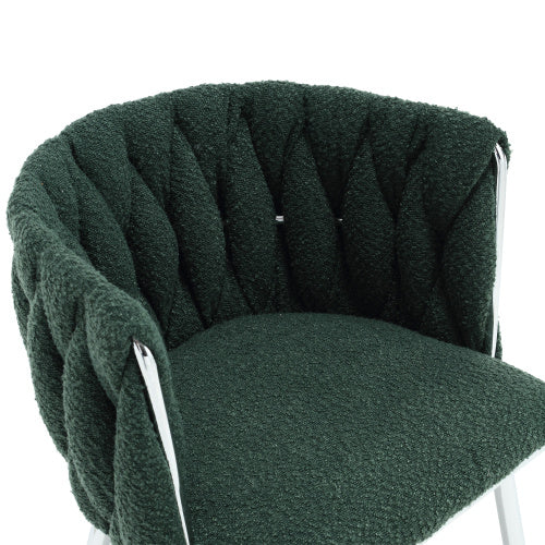 GOMYWAY Modern Hand Weaving Dining Chairs Set Of 2, Boucle Upholstered Side Chairs With Silver Legs, Kitchen Chairs With Armrest, Accent Chairs, Vanity Chairs For Dining Room Emerald, Set Of 2