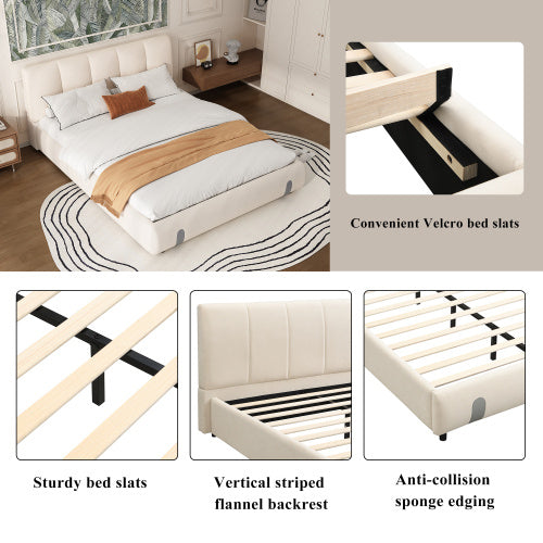 Upholstered Bed, For Adults And Teenagers, 4ft6 Double Bed 135x190cm, Durable And Sturdy, Soft Headboard, MDF  Velvet  Plywood, White
