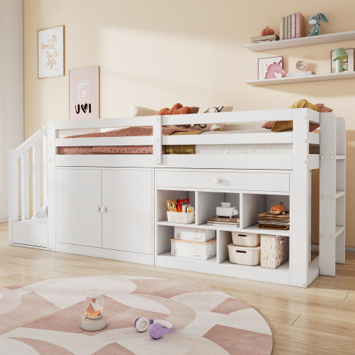 Multifunctional Wooden Children's Bed With Stairs And Storage Space, Stairs  Cabinets Interchangeable On The Left And Right, Drawers Reversible And Usable As A Desk, Without Mattress, 90x190, White