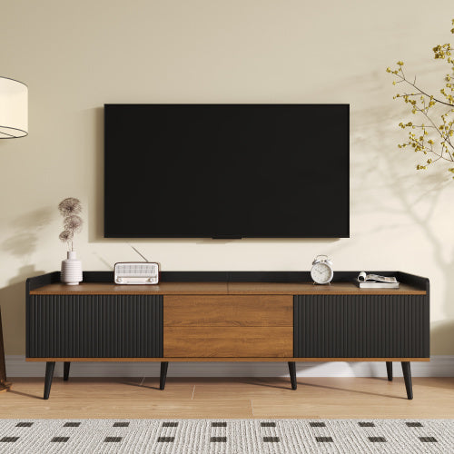 TV Cabinet, TV Table, TV Stand, Three-Door Base Cabinet. Compact Design. Black And Natural Wood Finish. Height 49.5 Cm  Length 160 Cm  Width 39 Cm