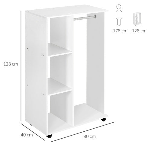 HOMCOM Open Wardrobe On Wheels, Bedroom Wardrobe With Clothes Hanging Rail, 3 Storage Shelves, Mobile Garment Rack For Cloakroom, Hallway, White