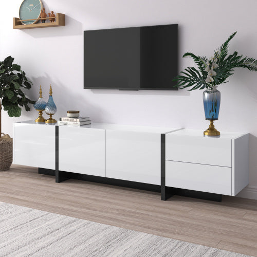 TV Cabinet, Low Panel With Colorblocked Legs In High-gloss White And Black, With Doors And Drawers, Doors With Shelves. Simple Line Design.
