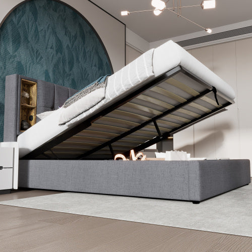 Upholstered Double Bed 135 X 190cm With Wireless Charging  USB Tyep-C, Hydraulic Storage Bed With Hydraulic Lever, Linen Fabric 4FT6 Double Bed Frame With Large Storage Space, Grey No Mattress