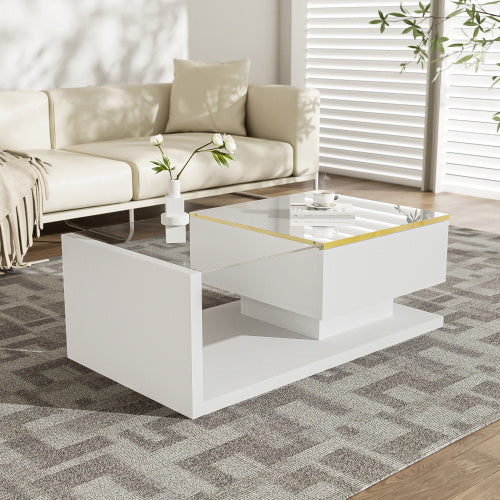 90 Cm Long Coffee Table, High-Gloss White. Side Tables, Coffee Tables With Glass And LED Effect