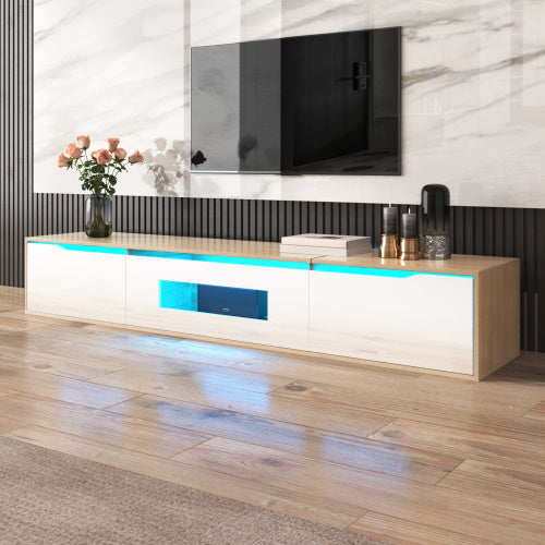 TV Cabinet, High Gloss TV Cabinet, Color Matching High-glosswhite And Wood Color, With Color Changing LED Light.
