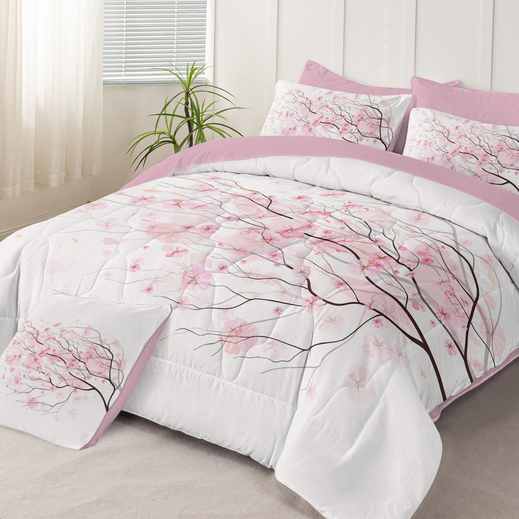 Cherry Blossom Pattern Comforter Set 8PCS Twin Size Soft Bedding Set,1 Comforter,1 Pilow Cover,1 Flat Sheet,1 Fitted Sheet,4 Cushion Cover
