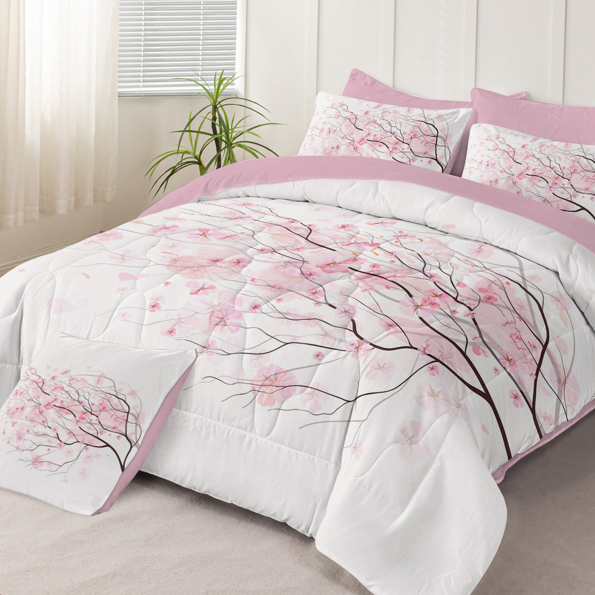 Cherry Blossom Pattern Comforter Set 8PCS Twin Size Soft Bedding Set,1 Comforter,1 Pilow Cover,1 Flat Sheet,1 Fitted Sheet,4 Cushion Cover