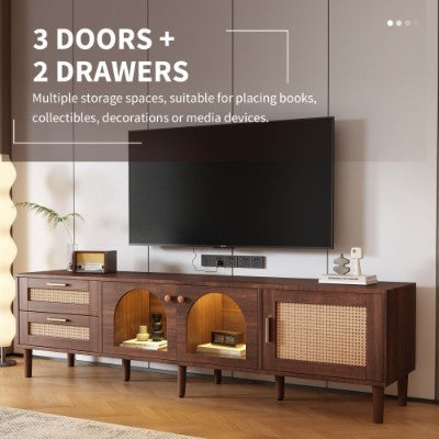 180 Cm Brown TV Cabinet For 80-inch TV - With 2 Rattan Drawers, 2 Curved Glass Doors And 1 Rattan Door, LED Lighting, Offers Stylish Storage, TV Board
