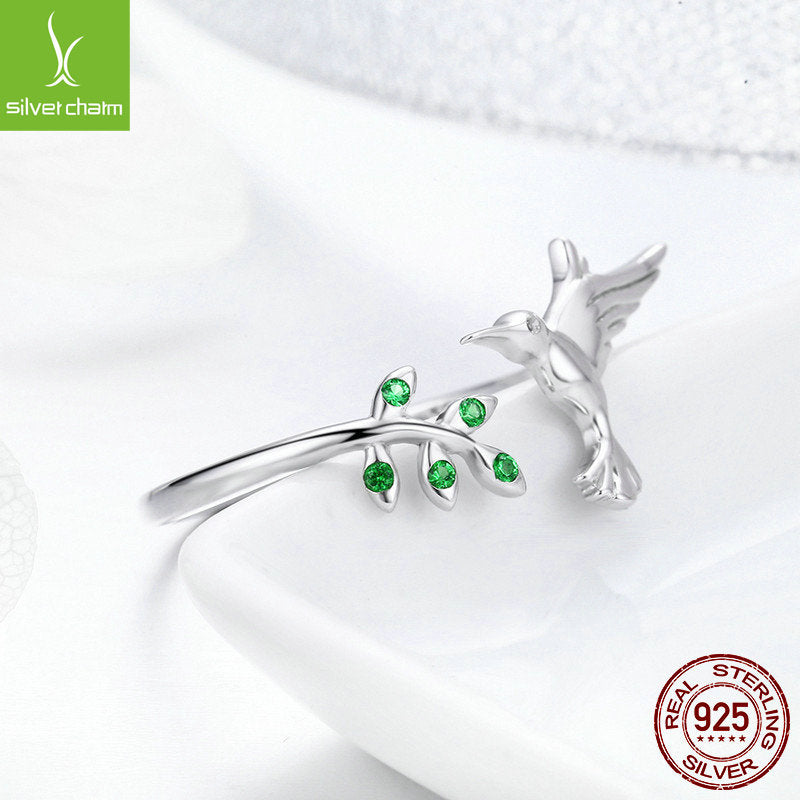 WOSTU Authentic 925 Sterling Silver Hummingbird & Leaves Ring For Women Nature Style S925 Silver Jewelry Gift CQR323