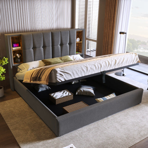 Upholstered Double Bed 135 X 190cm With Wireless Charging  USB Tyep-C, Hydraulic Storage Bed With Hydraulic Lever, Linen Fabric 4FT6 Double Bed Frame With Large Storage Space, Grey No Mattress